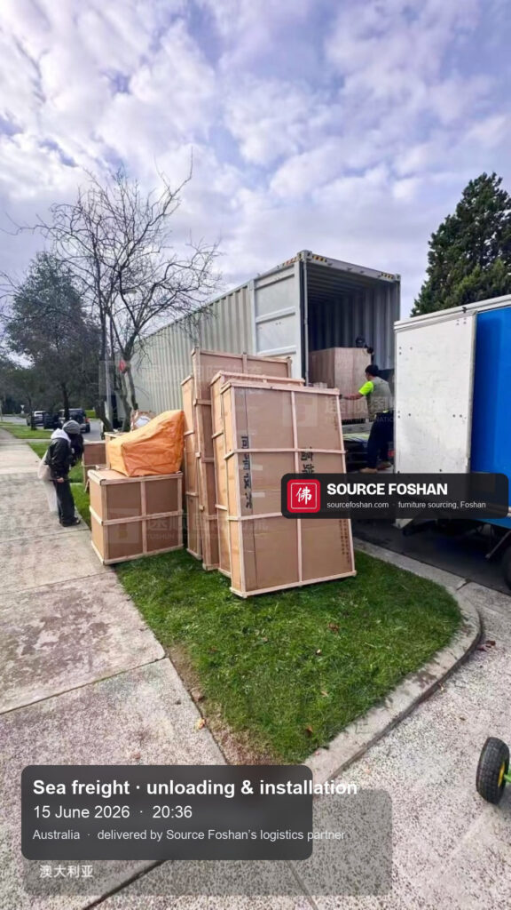 Crates from Foshan lined up on a Melbourne driveway before carry-in