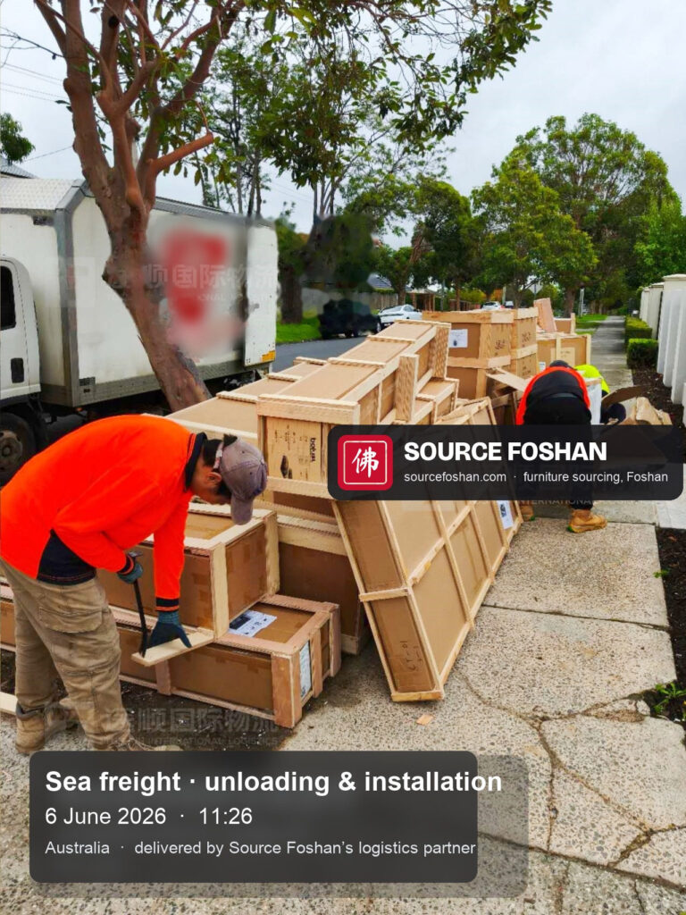 Timber crates from Foshan lined up on a driveway in Australia beside the delivery truck