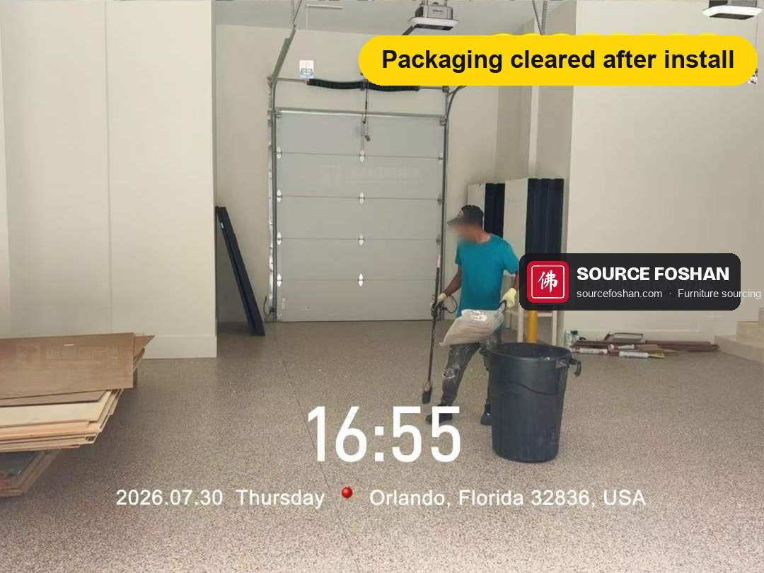Crew sweeping up packaging after installation in Orlando on 30 July 2026