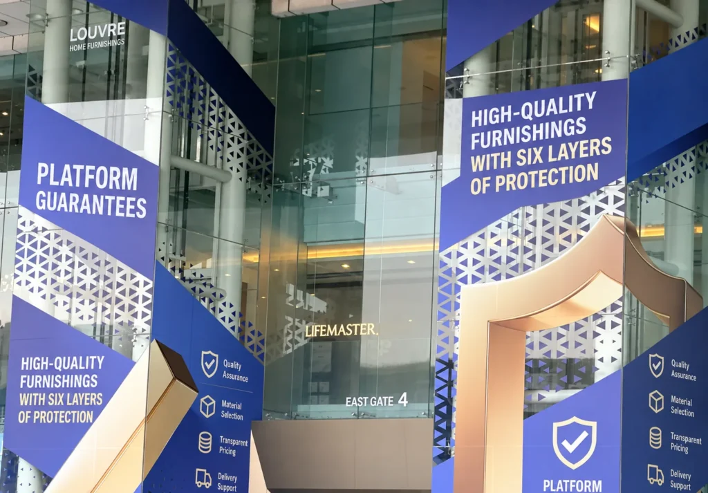 English platform-guarantee signs at a Foshan furniture mall entrance