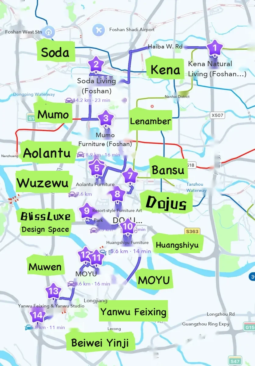 a buyer's one-day route through 14 independent showrooms from the Guangzhou side to Longjiang, with drive distance and time between stops.