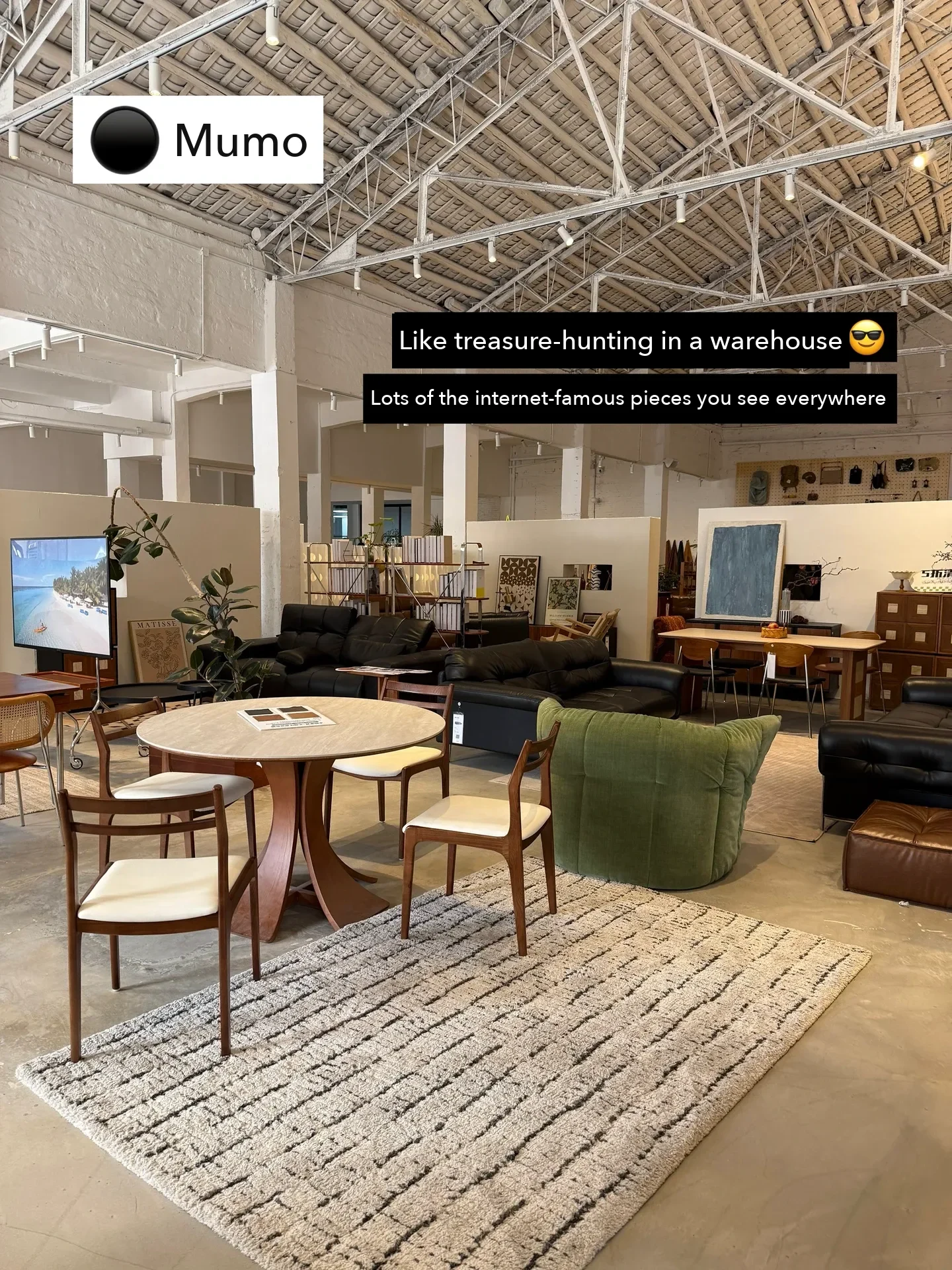Mumo, a warehouse-style showroom on the same route. The poster notes many of the 'internet-famous' designs seen everywhere, which is where.