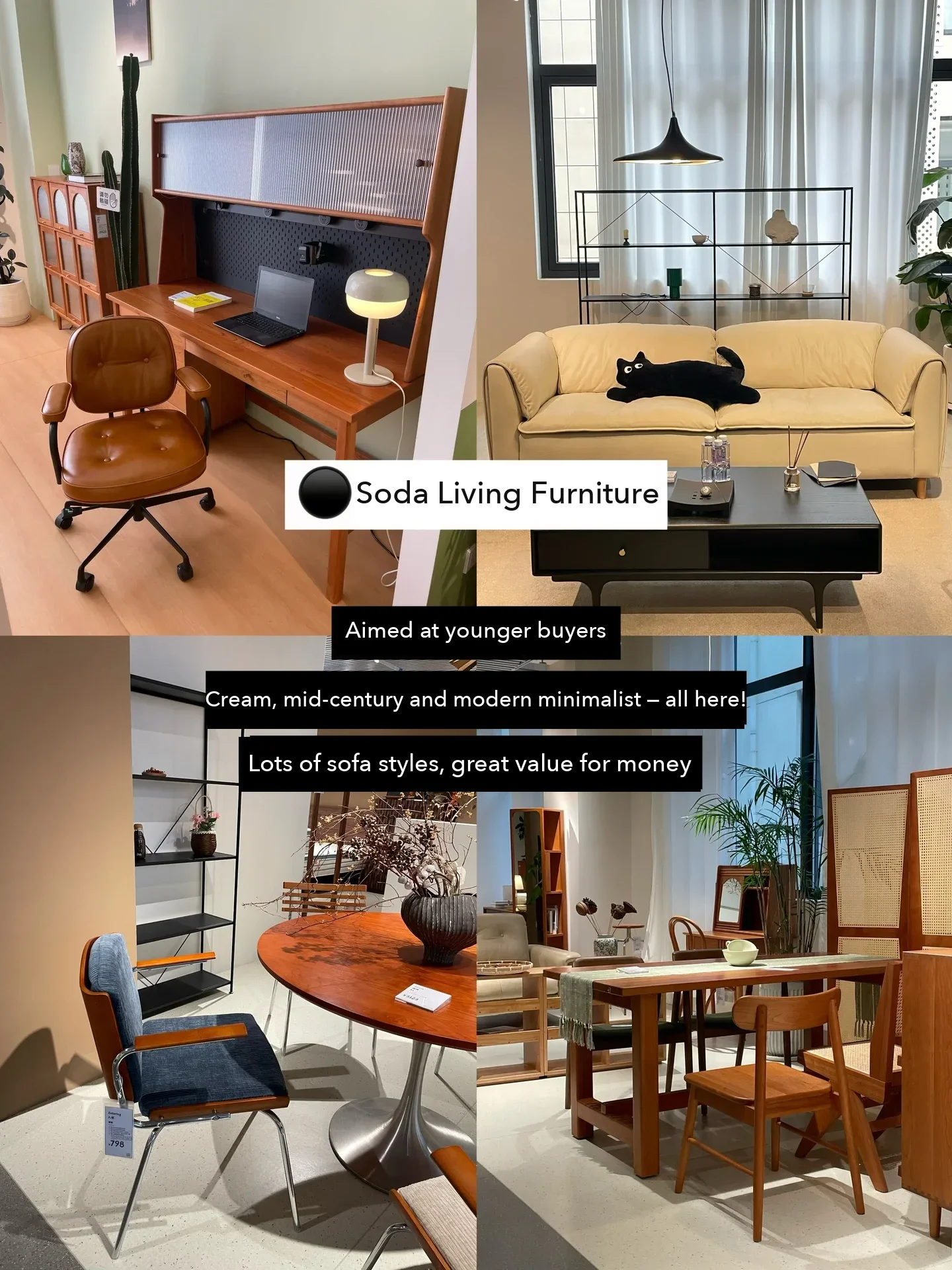 Soda Living, pitched at younger buyers with cream, mid-century and minimalist styles; the poster rates it good value for sofas. Price tags are.