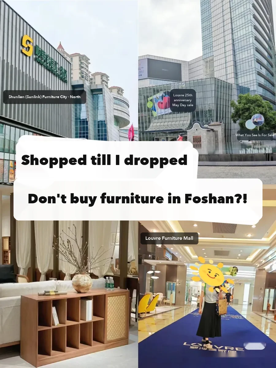 a buyer's warning after two days in Lecong, over photos of Shunlian North, the Louvre mall and a showroom interior. Her post lists the checks on.