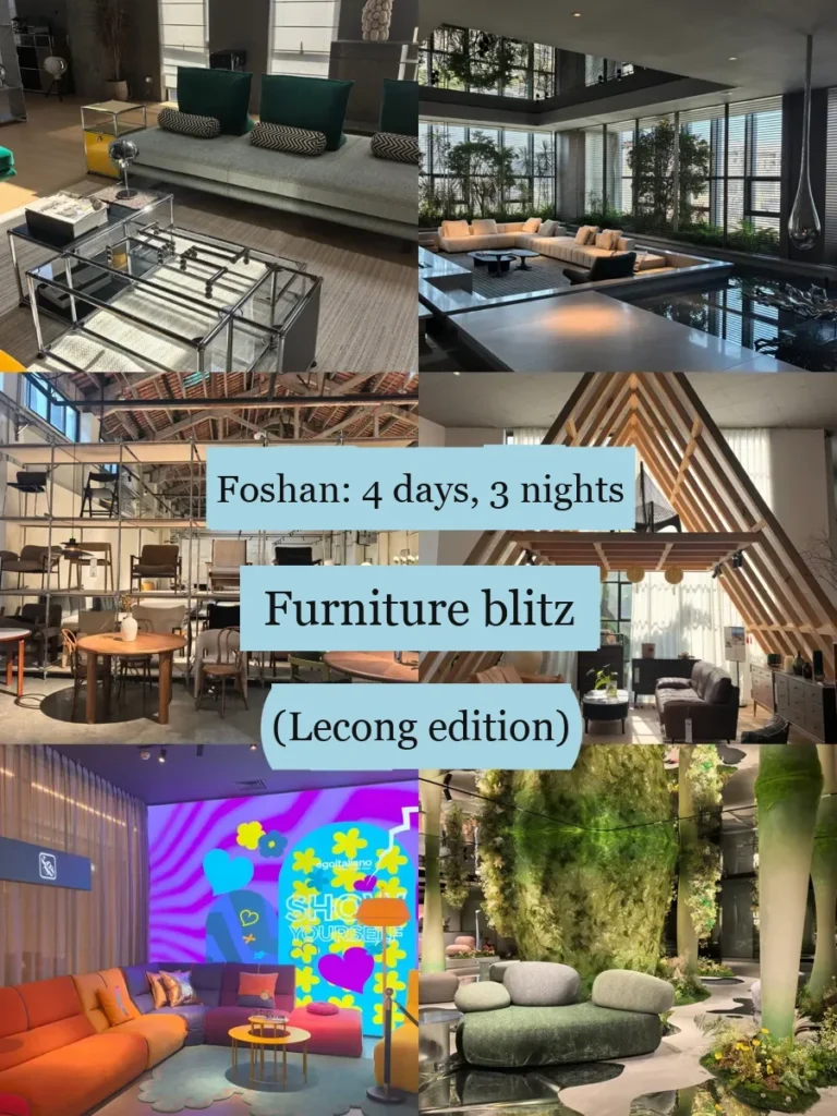 Cover of a four-day Foshan buying diary by a buyer: the Lecong part alone mixes showroom parks, converted factories and design-led independent.