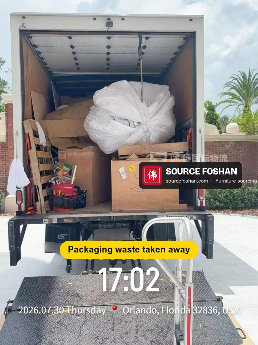 Crates, cardboard and wrap loaded on the truck for removal after installation