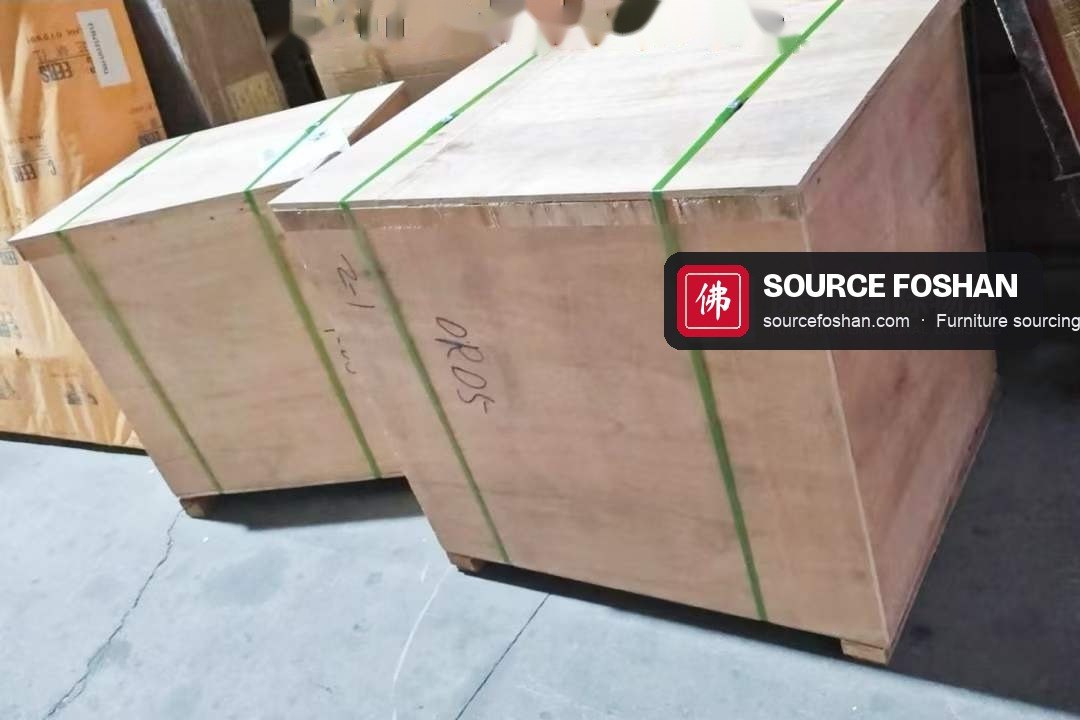 Plywood crates strapped and labelled before loading