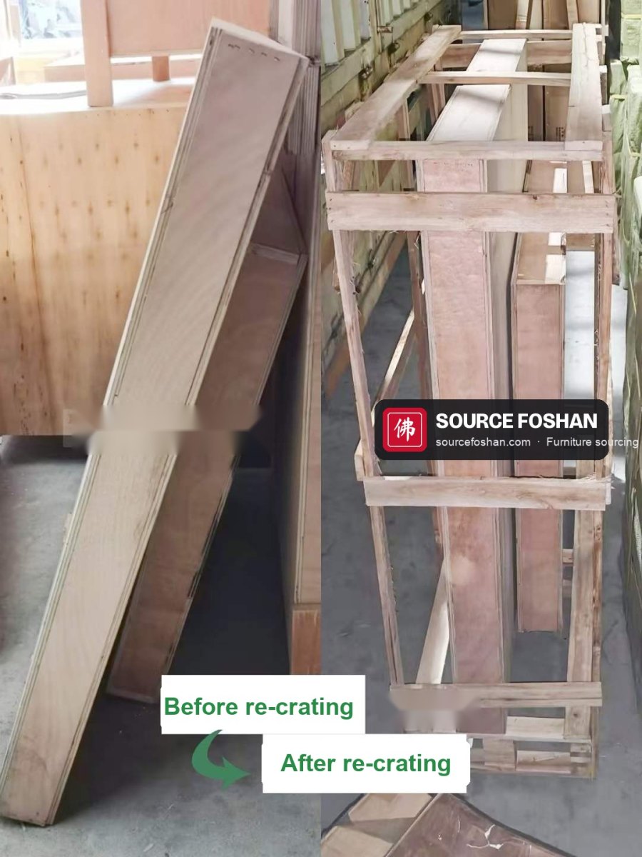 Before and after re-crating: a thin plywood case rebuilt into a braced timber crate