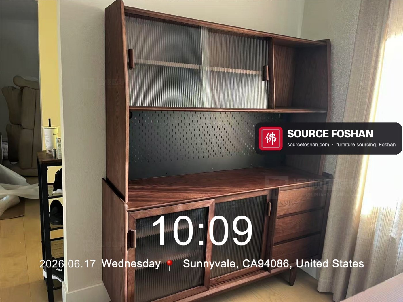 Solid-wood cabinet with glass doors installed, 10:09