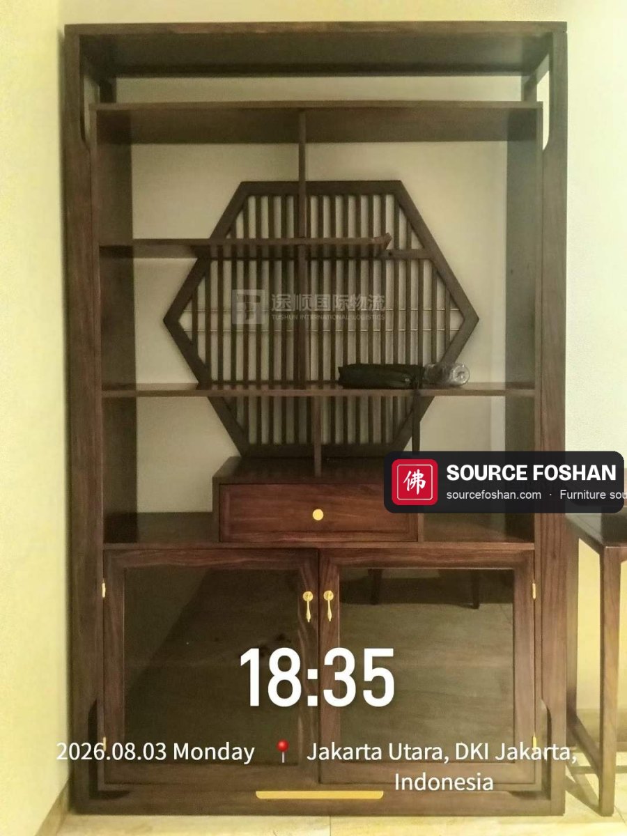 Walnut display cabinet with hexagonal lattice from Foshan installed in Jakarta