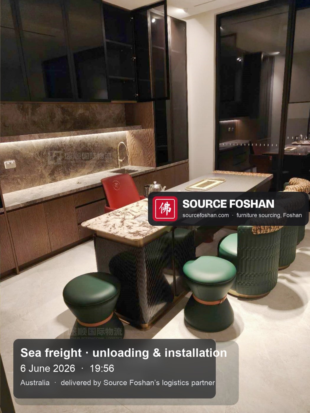 Kitchen island with marble top and green stools from Foshan, 19:56