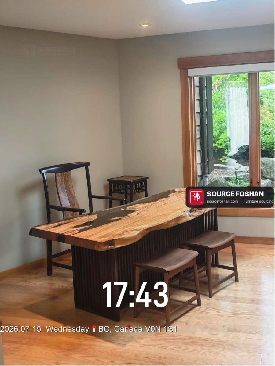 Live-edge slab desk, armchair and stool from Foshan installed in a BC home office