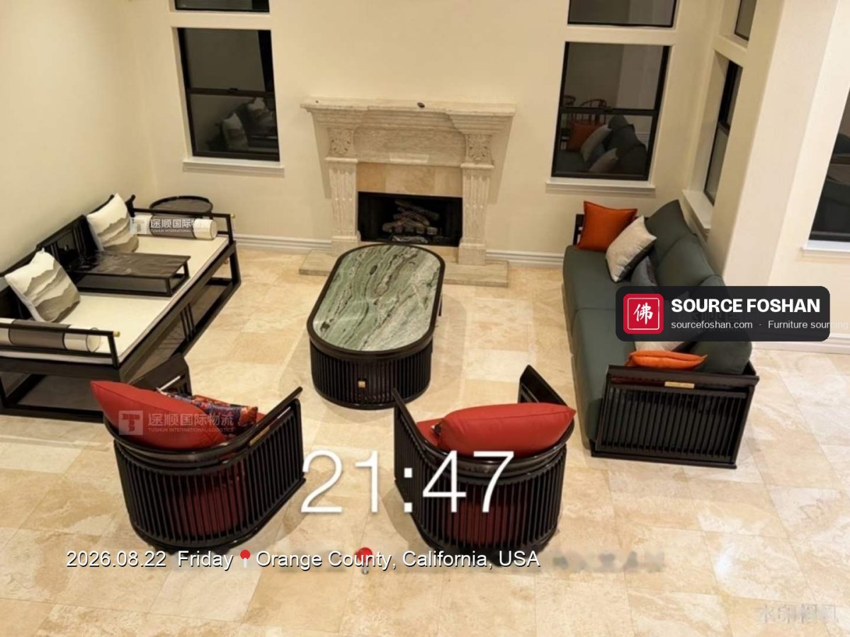 Living room sofa, armchairs and marble coffee table from Foshan installed the same day