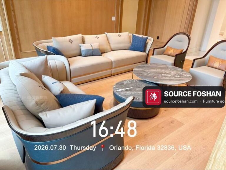 Curved sofa set, armchairs and marble tables from Foshan installed in Orlando