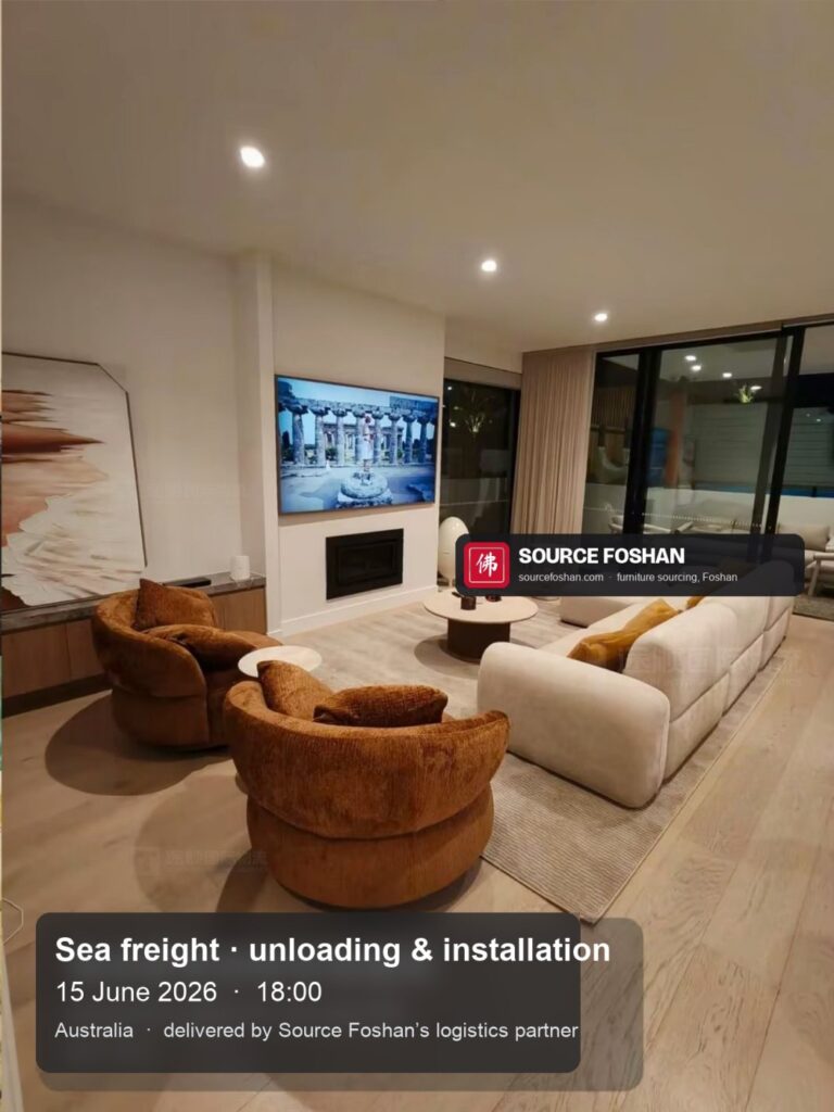 Living room with curved sofas and swivel chairs from Foshan, 18:00