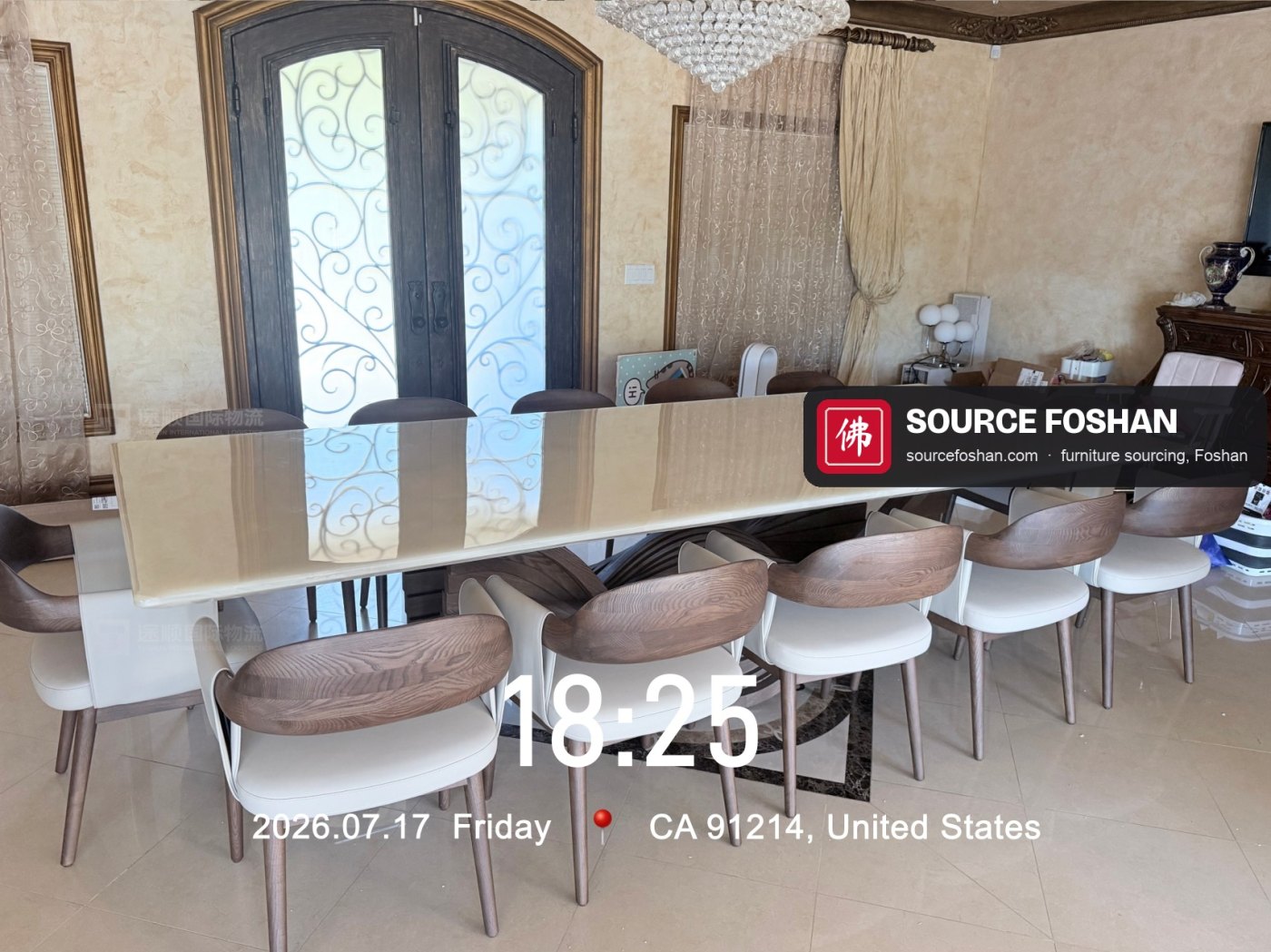 Long marble dining table with ten chairs, 18:25