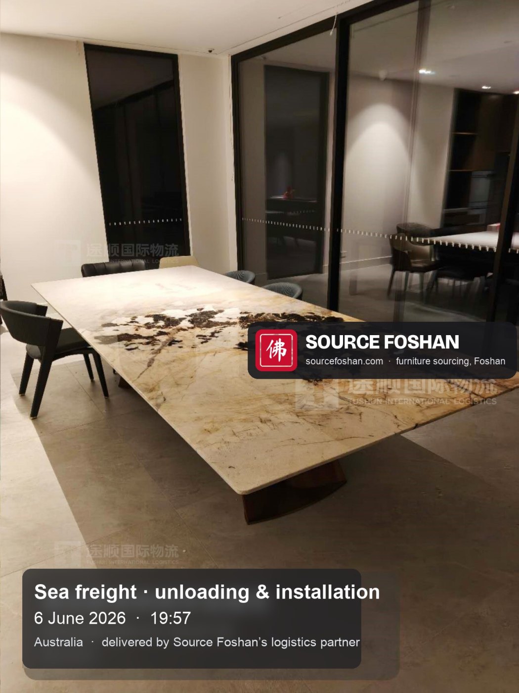 Marble-top dining table and chairs from Foshan installed, 19:57