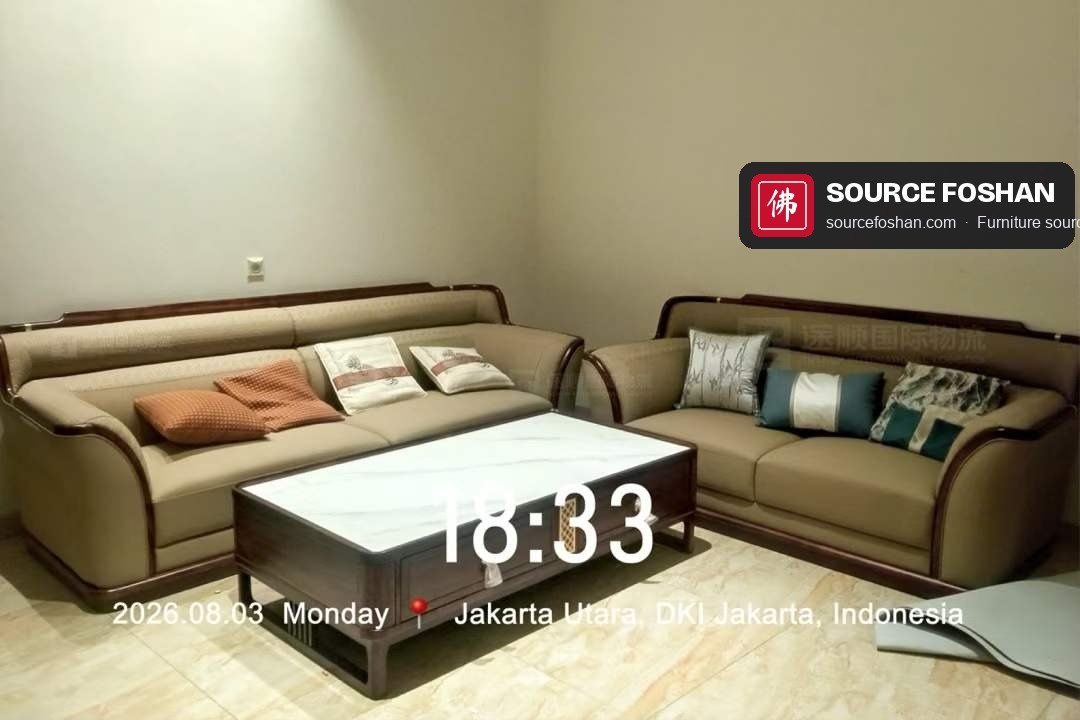 Leather sofa set and marble coffee table from Foshan installed in Jakarta