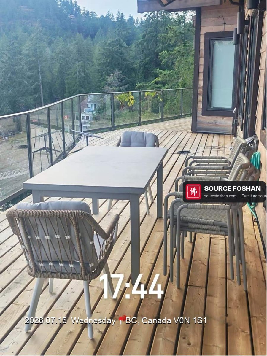 Outdoor dining table and rope chairs from Foshan set out on a lakeside deck in British Columbia, 15 July 2026