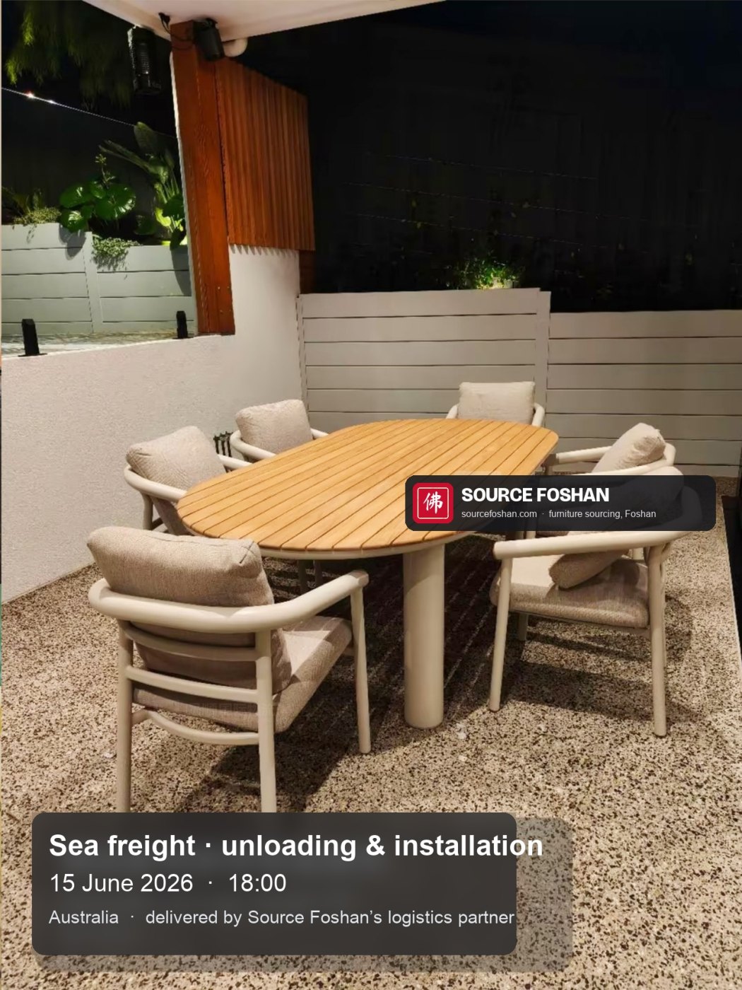 Outdoor dining table and rope chairs on the terrace, 18:00