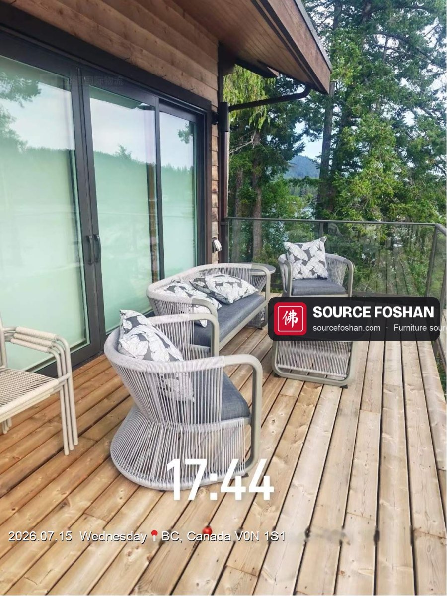 Rope-weave outdoor lounge set from Foshan on a deck in British Columbia