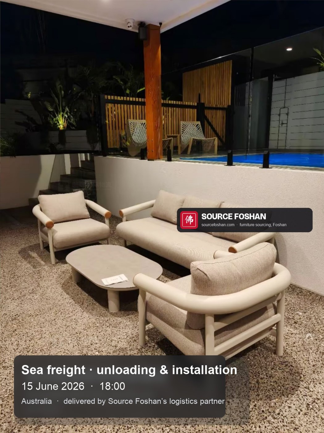 Outdoor lounge set by the pool, 18:00