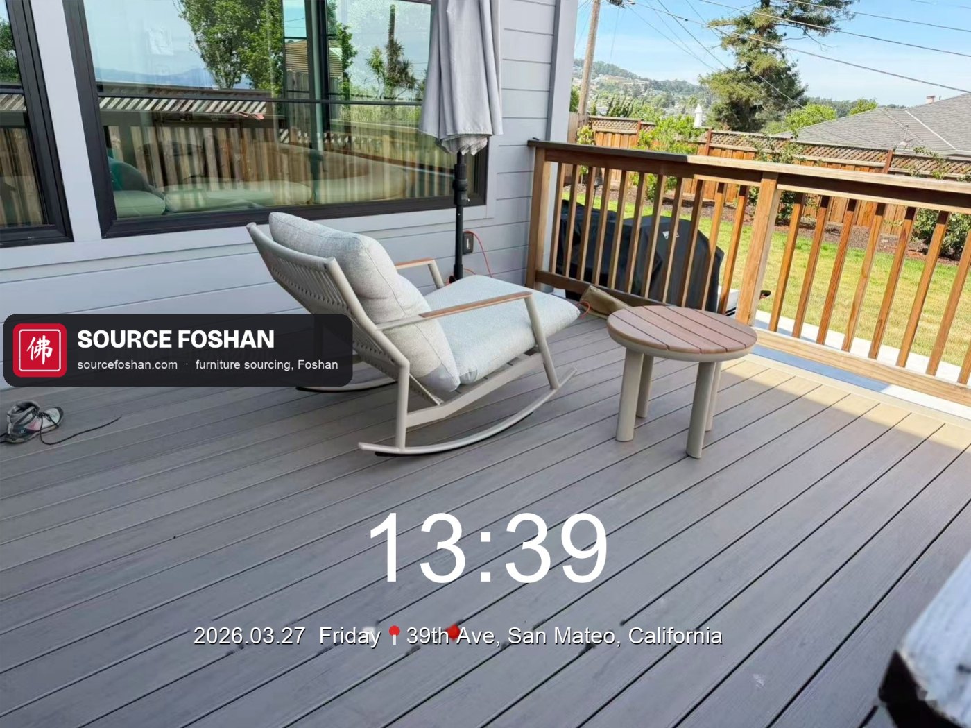 Outdoor rocking chair and side table on the deck, 13:39