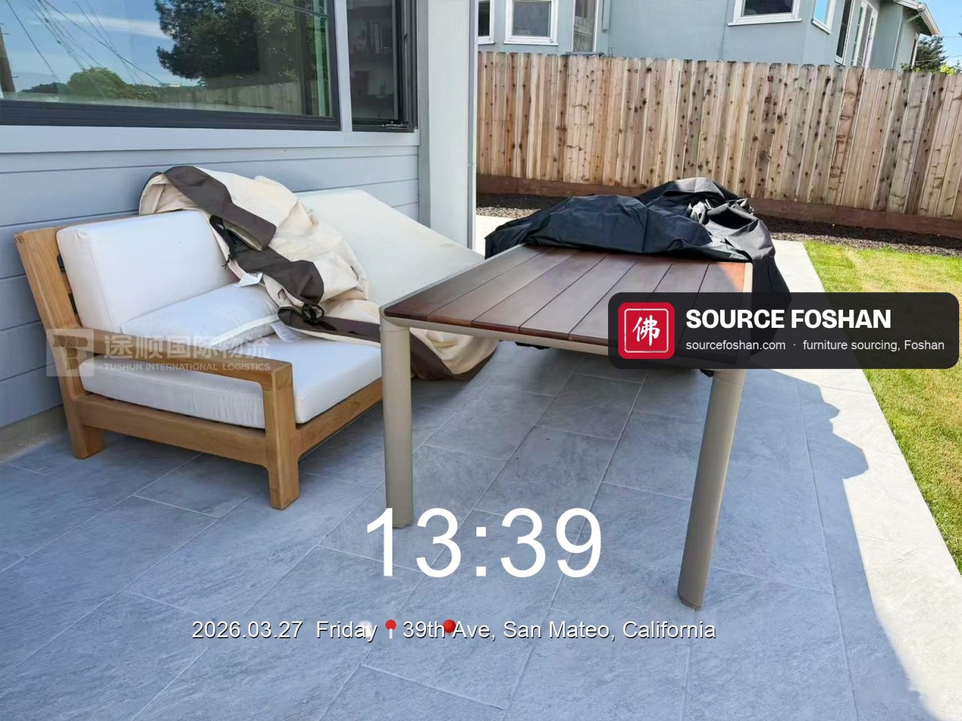 Outdoor sofa and dining table on the patio, 13:39