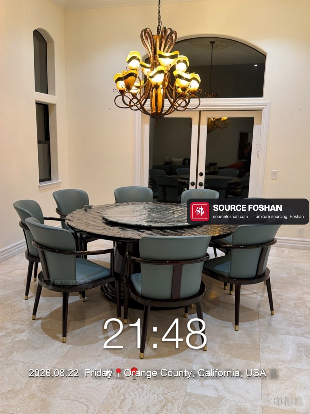 Round marble dining table and eight chairs, 21:48