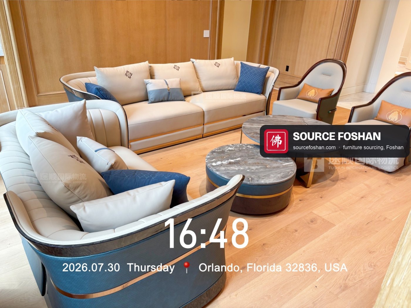 Sofa set, armchairs and marble tables, 16:48