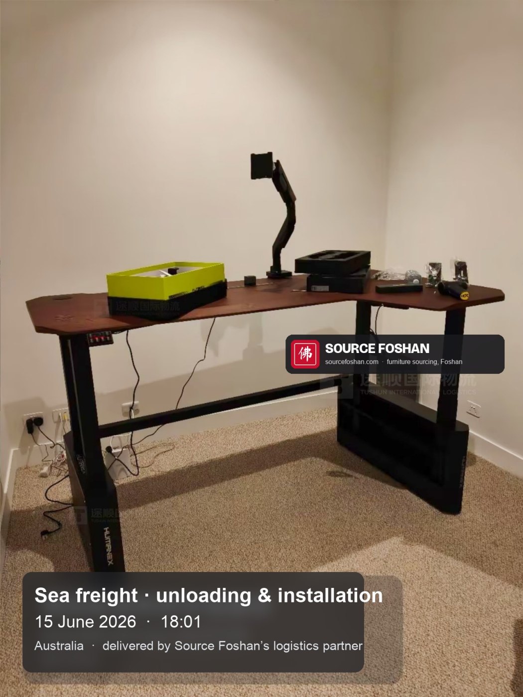 Height-adjustable desk installed in the study, 18:01