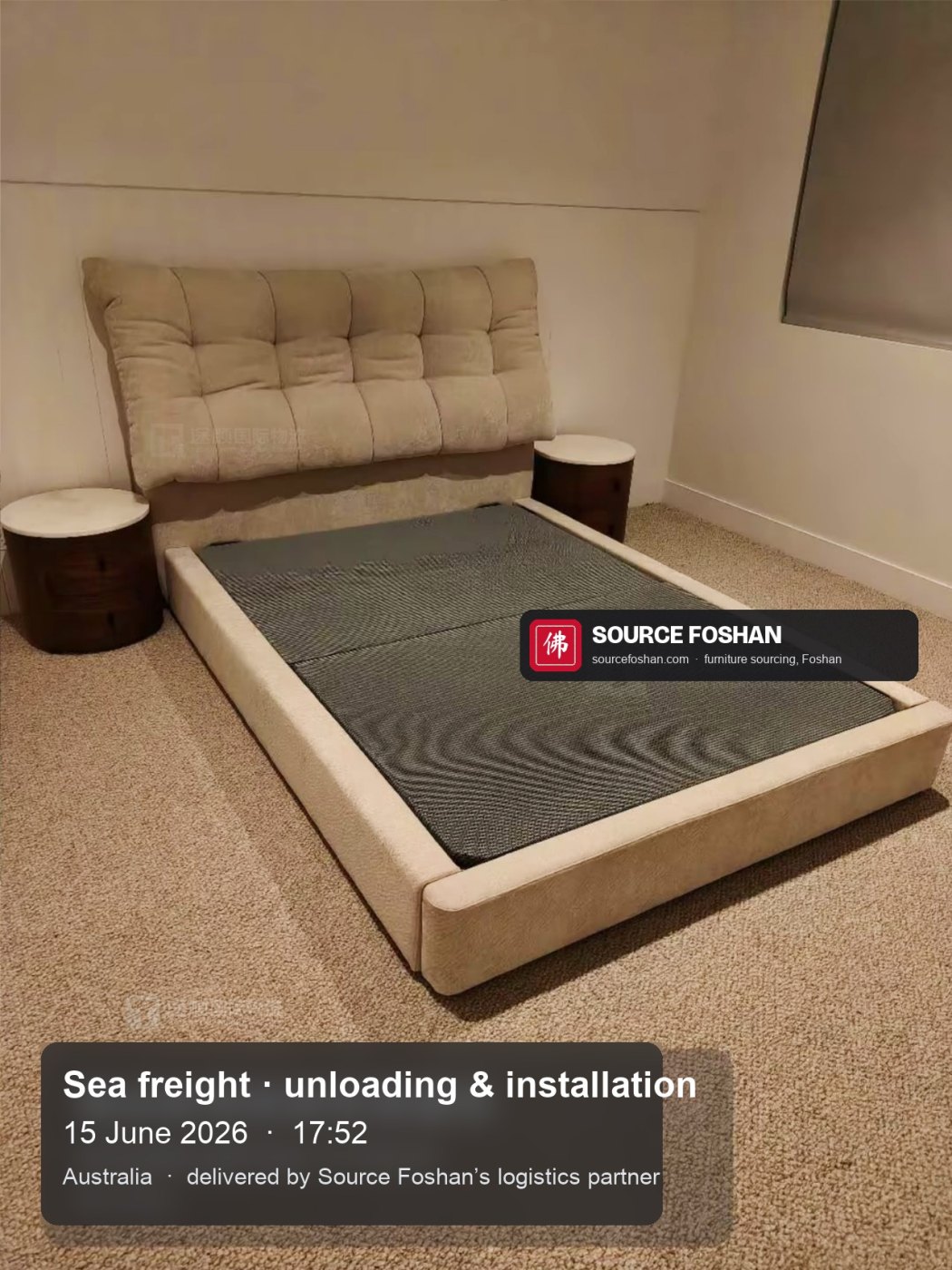 Upholstered bed frame from Foshan assembled in a Melbourne bedroom, 17:52