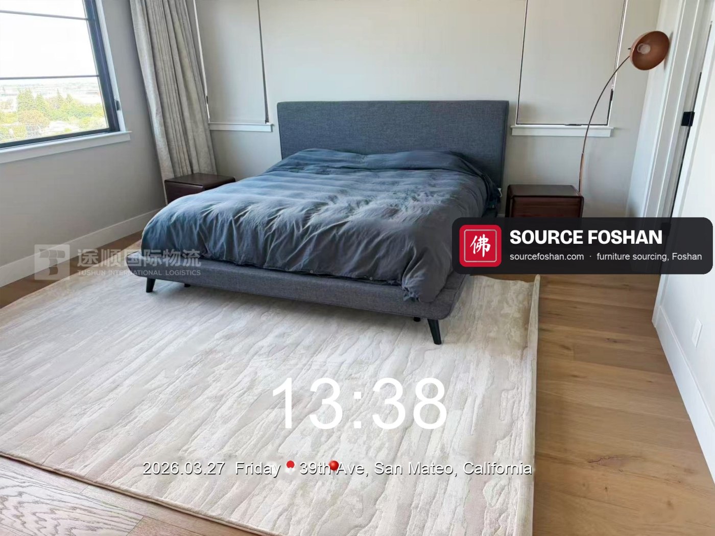 Grey upholstered bed and nightstand installed, 13:38