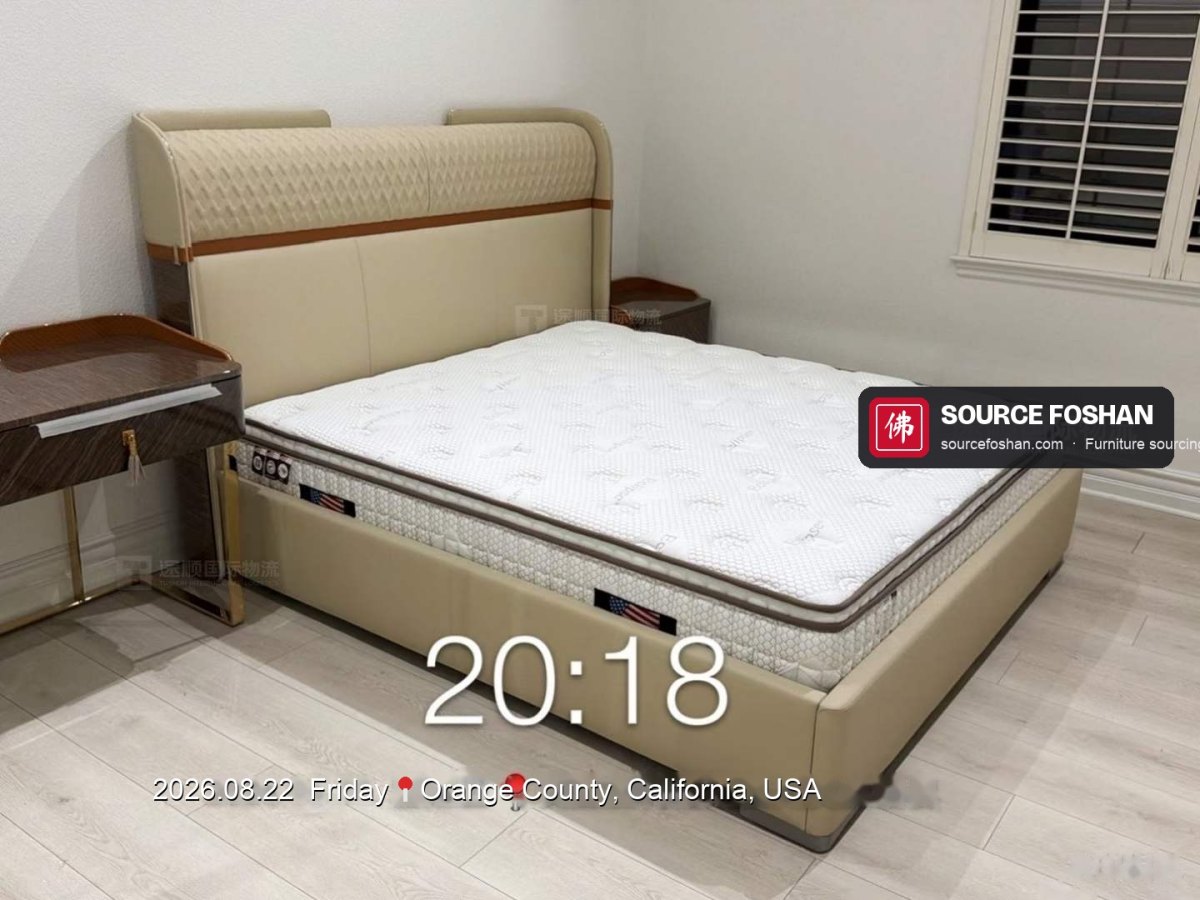 Upholstered bed and mattress from Foshan assembled in a California bedroom
