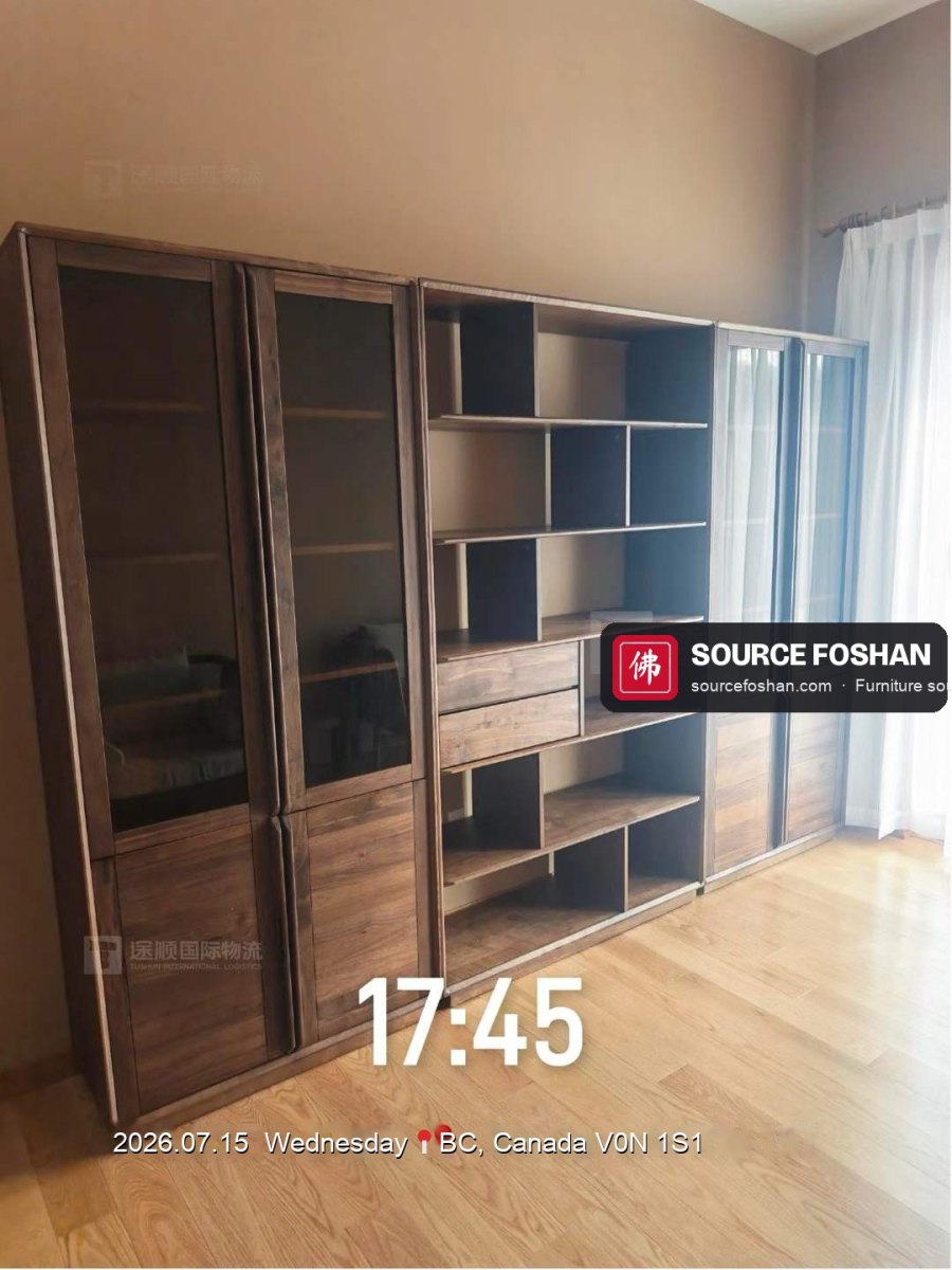Walnut bookcase and display wall assembled in a Canadian home after sea freight from Foshan