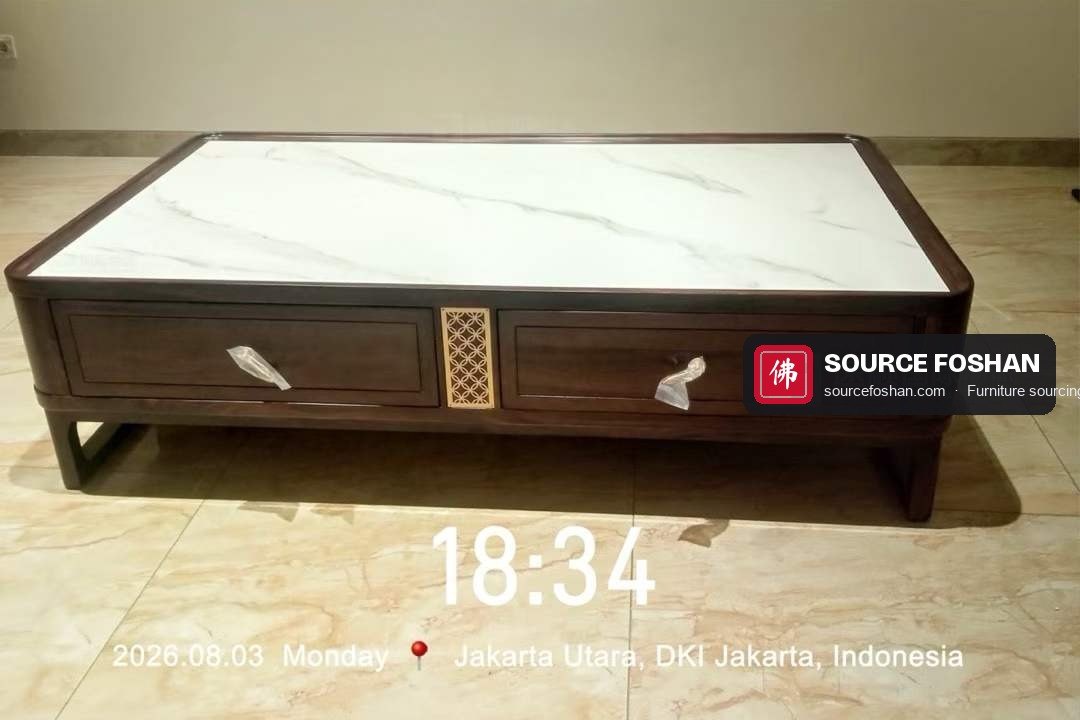 Walnut coffee table with marble top from Foshan, drawer handles still wrapped
