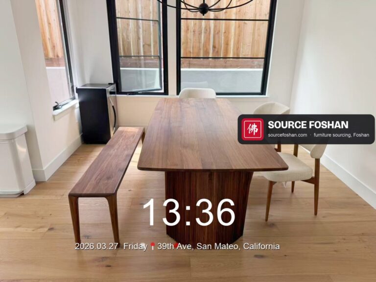 Walnut dining table with bench and chairs from Foshan installed in San Mateo, California, 27 March 2026