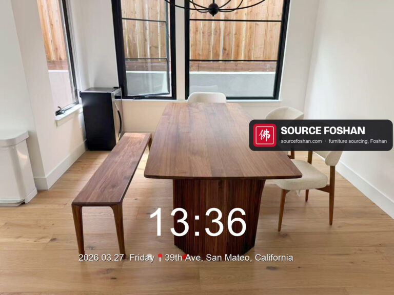 Walnut dining table with bench and chairs from Foshan installed in San Mateo, California, 27 March 2026