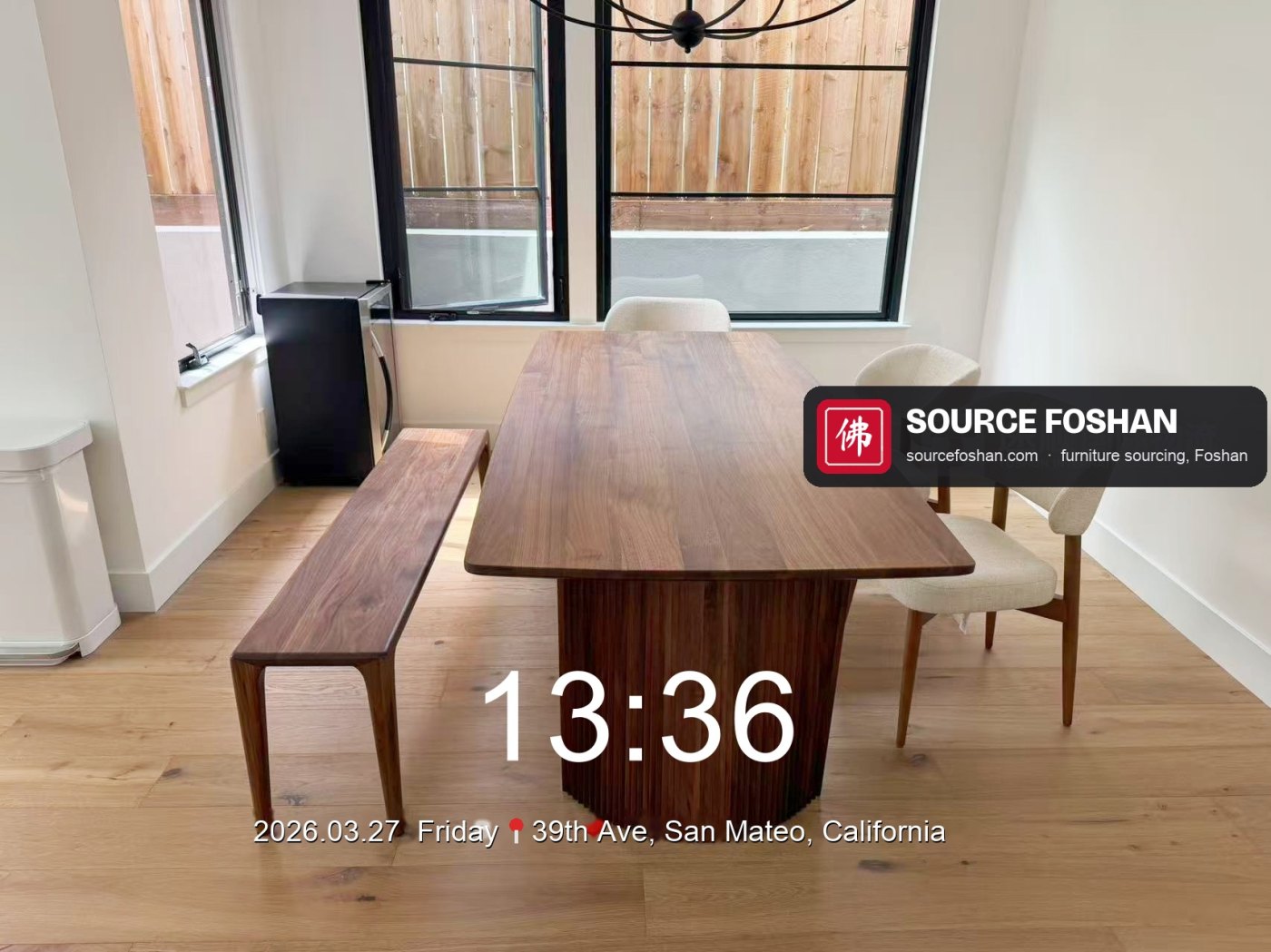 Walnut dining table with bench and chairs from Foshan installed in San Mateo, California, 27 March 2026