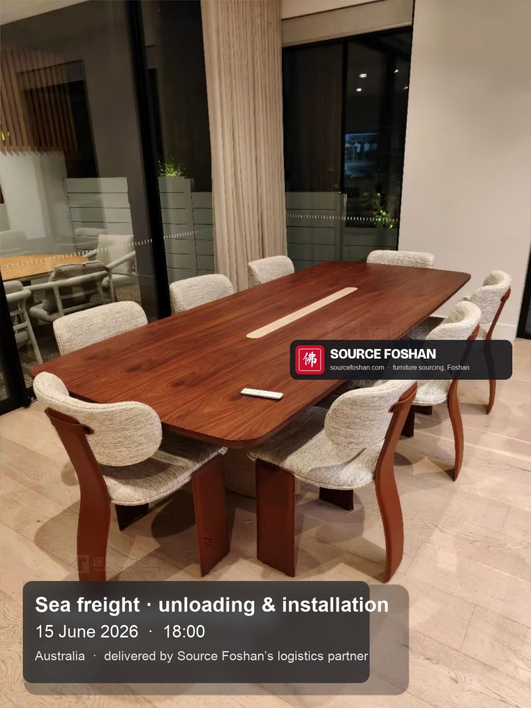 Walnut dining table and eight chairs installed, 18:00