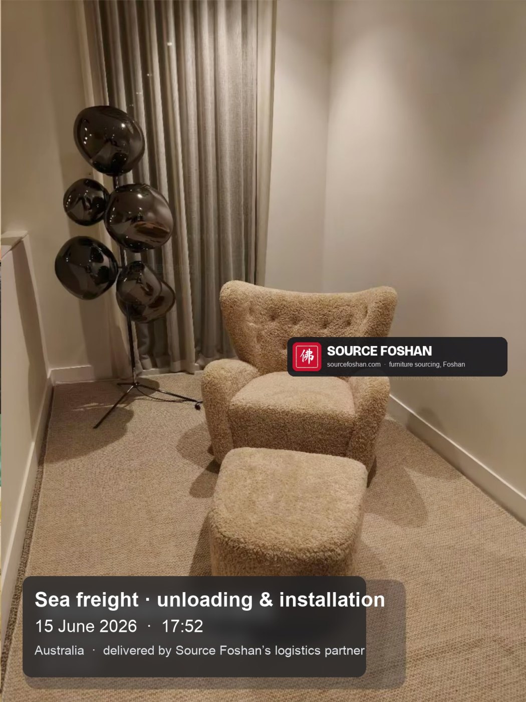 Boucle wingback chair and footstool in place, 17:52