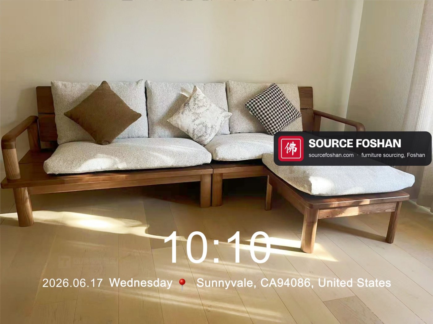 Wood-frame sofa with cushions installed, 10:10