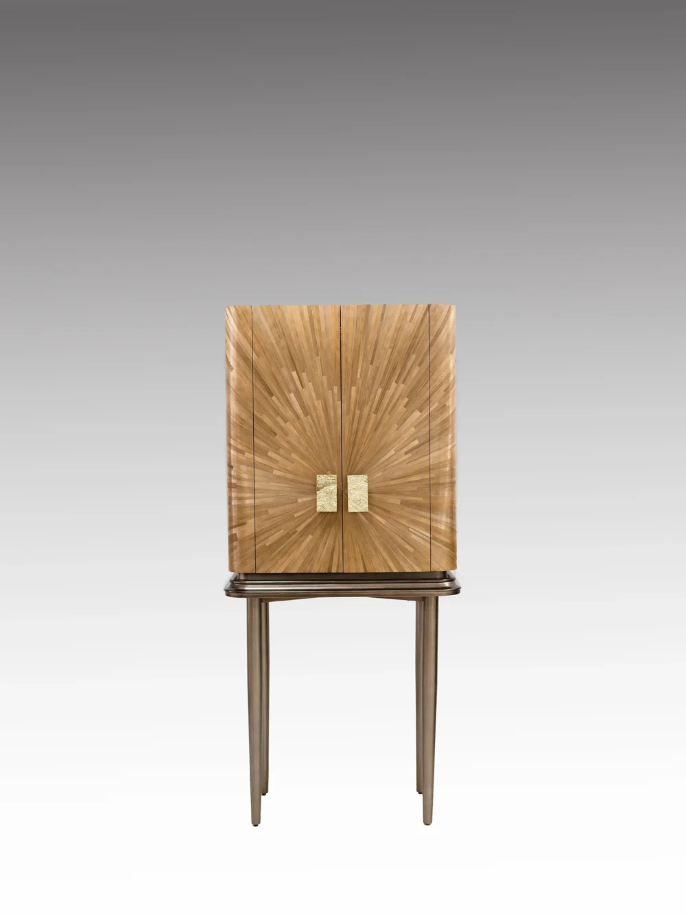 Closed freestanding home bar cabinet with radial wood veneer doors and metal legs