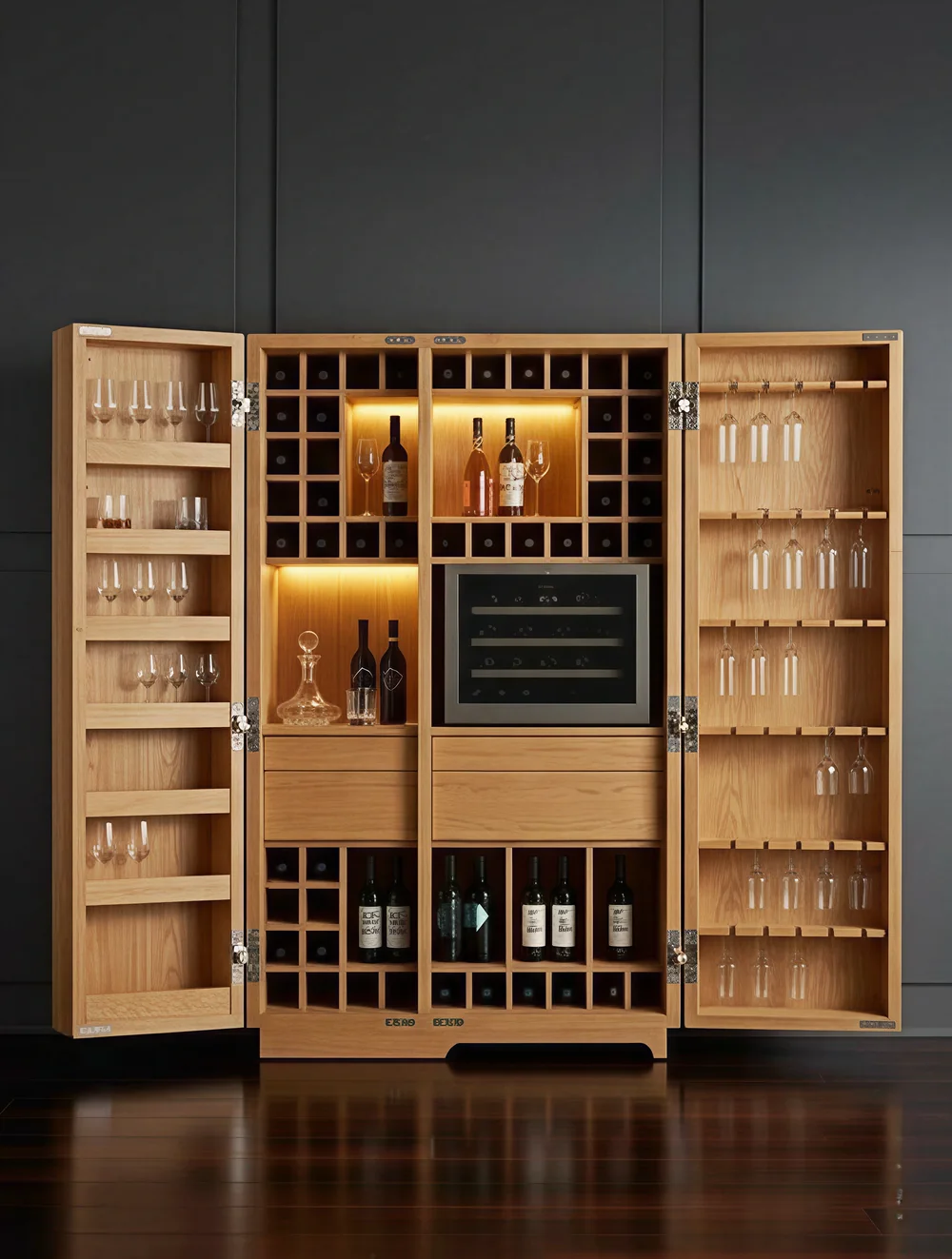 Open freestanding oak home bar cabinet with bottle racks, glass storage, drawers, LED lighting and a wine cooler
