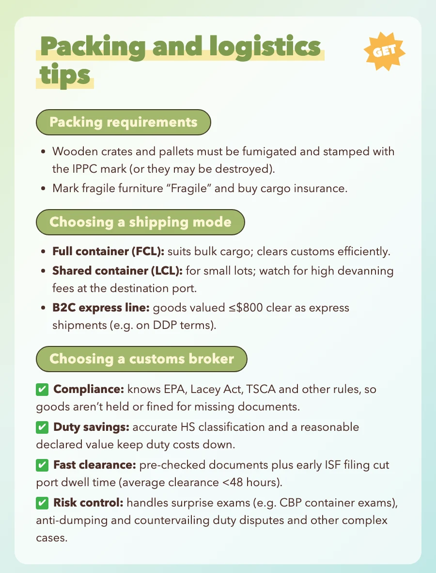 The account's packing and logistics tips, including its point that accurate HS classification and a realistic declared value keep duty costs down..