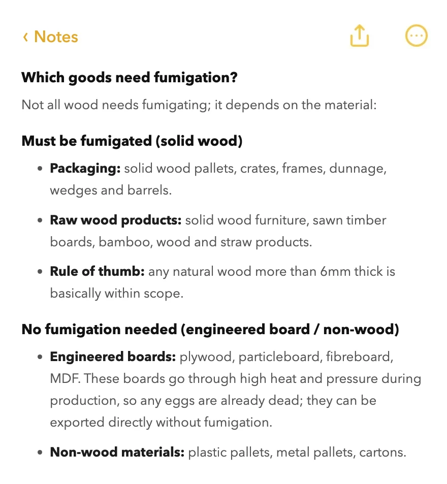 A freight account's note on which goods need fumigation: solid wood furniture and wood packaging over 6mm thick do; plywood, MDF and particleboard do.