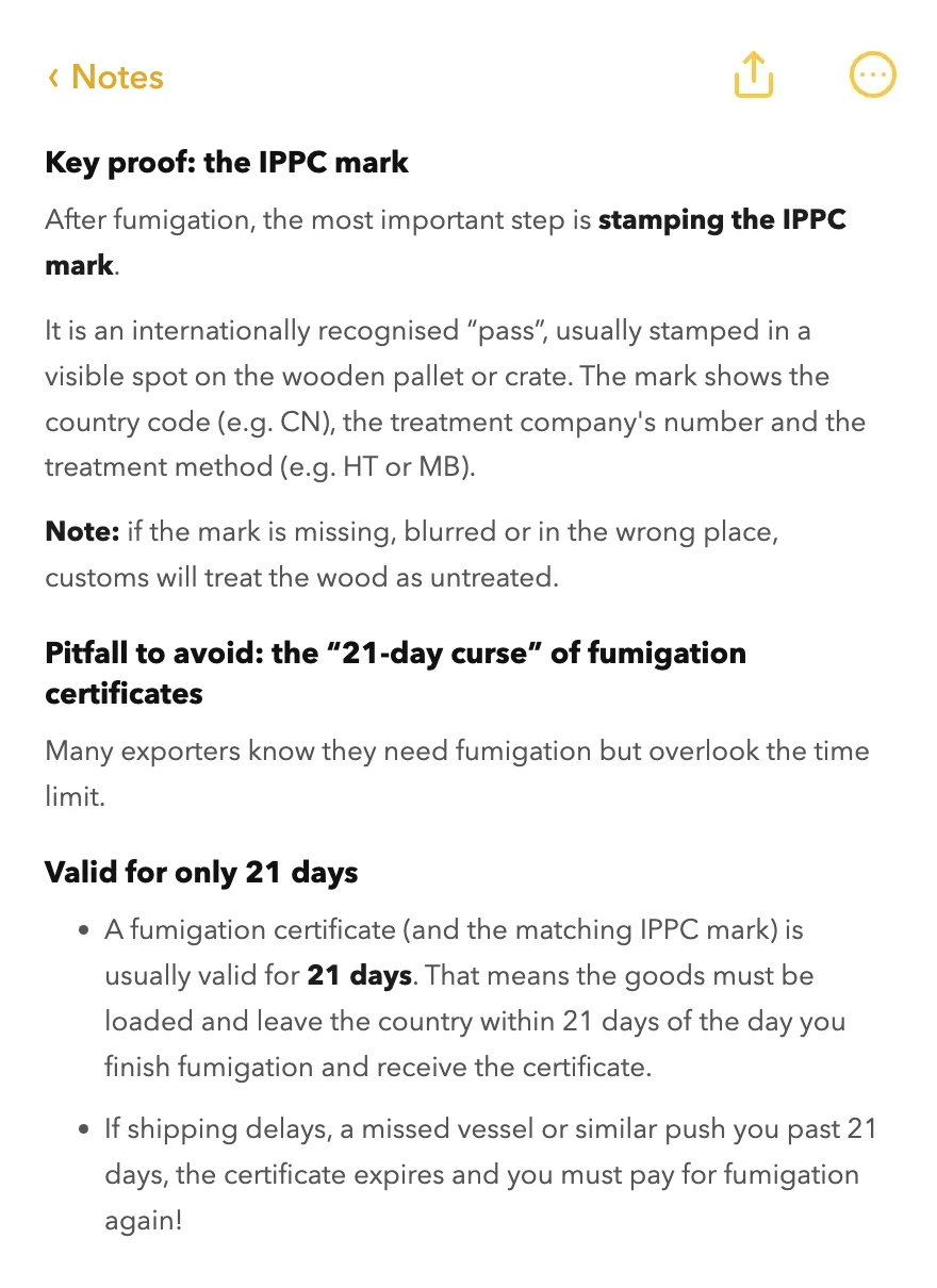 The same account on the IPPC mark on treated crates and pallets, and its warning that a fumigation certificate is usually treated as valid for only.