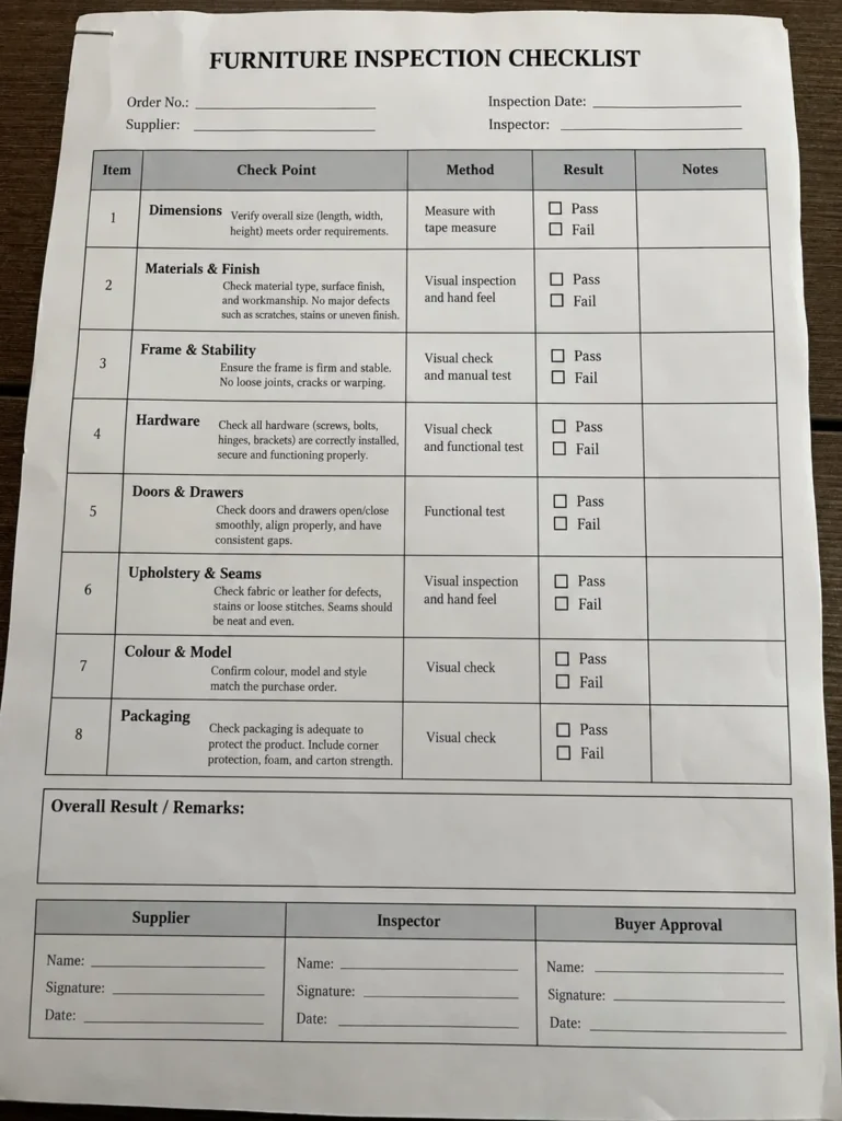 English furniture inspection checklist with dimensions, materials and packaging checks
