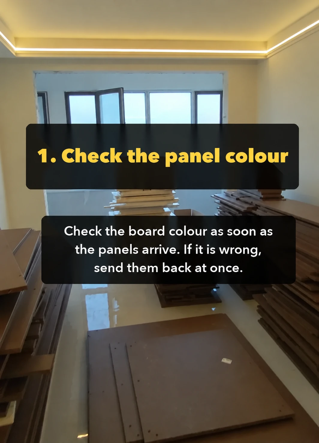 Step one in another buyer source poster's arrival checklist: compare the panel colour with the order as soon as the boards arrive, and send them back.