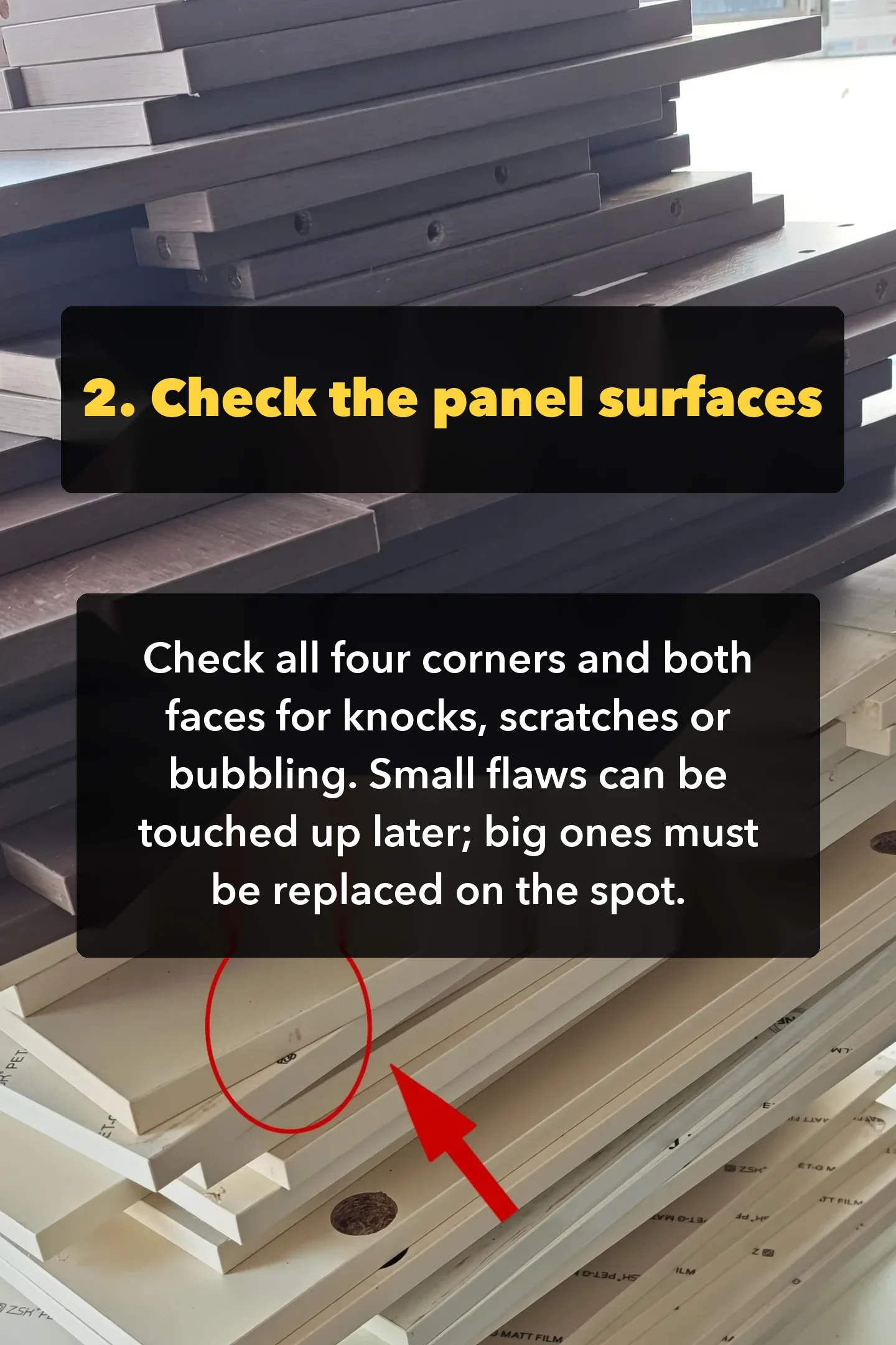 The same checklist's surface check: corners and faces inspected for knocks, scratches and bubbling, with small flaws touched up and large ones.